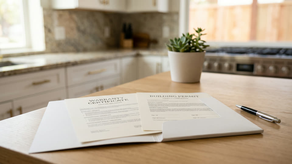 Warranty certificate and permit paperwork organized for the homeowner