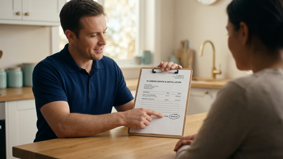 A Prosafe plumber reviewing a written quote with a homeowner