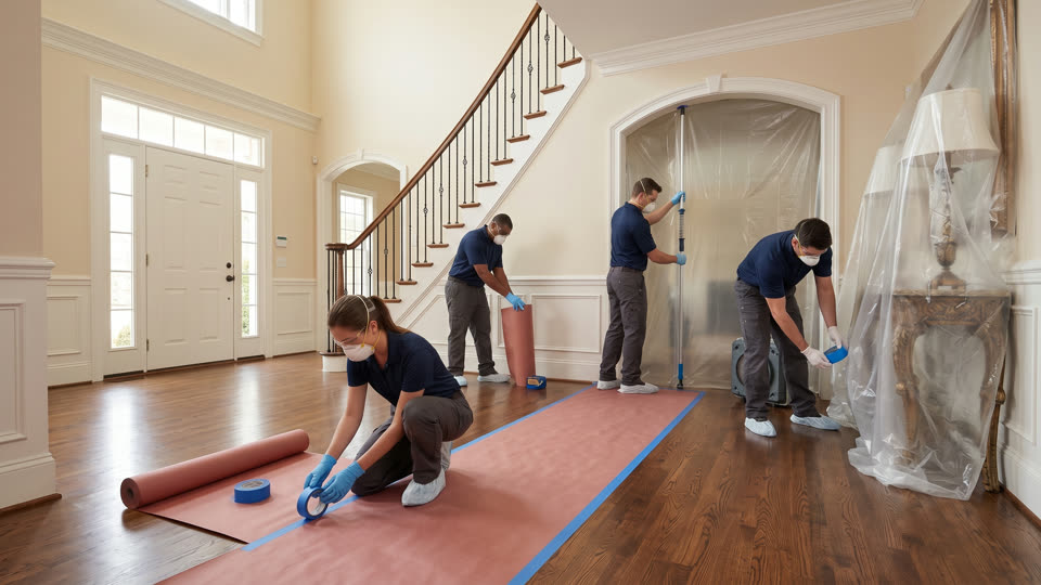 Prosafe technicians masking and covering floors, cabinets and furniture