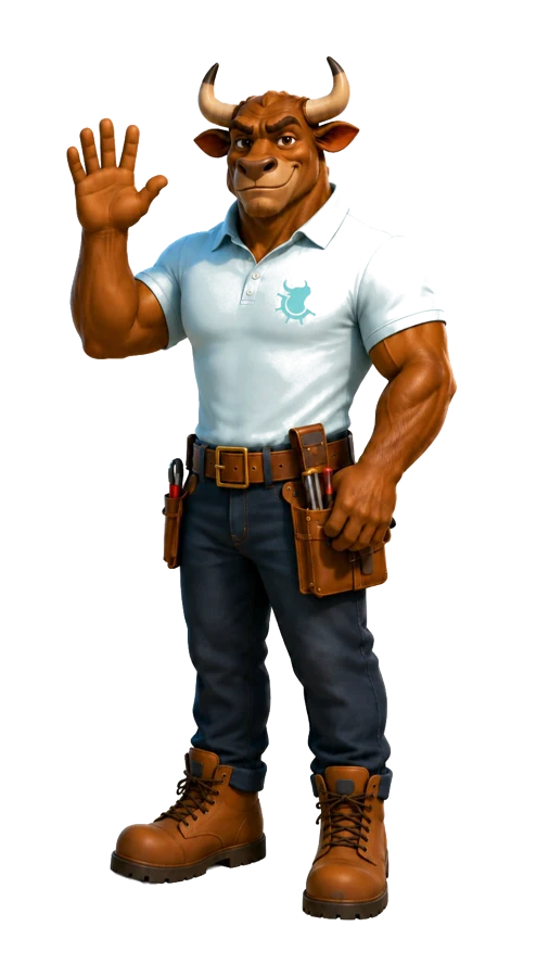 Summit, the Prosafe Plumbing & Mechanical mascot, a friendly bull in a branded polo waving hello